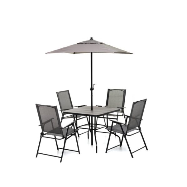 Set mobili da giardino grigio: tavolo, 4 sedie e ombrellone.