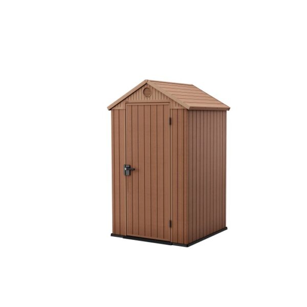 Casetta da giardino in plastica marrone con porta e tetto a due falde. Ideale per riporre gli oggetti in giardino.