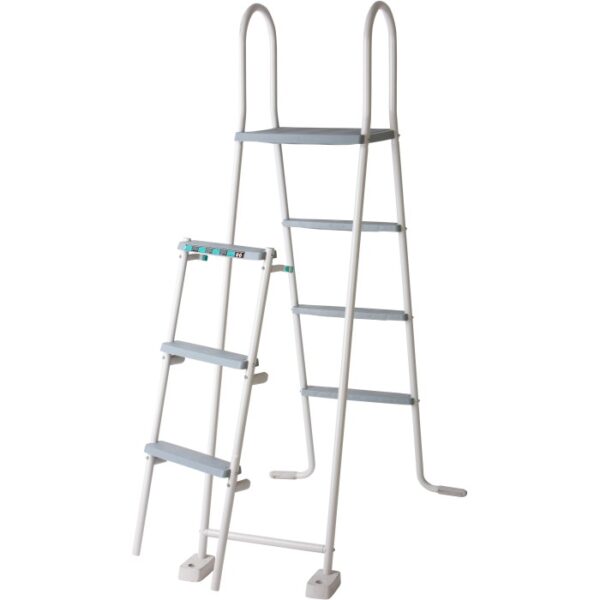 Scala per piscina bianca per piscina con pareti in acciaio Gre Atlantis, scala di sicurezza con gradini e piattaforma.