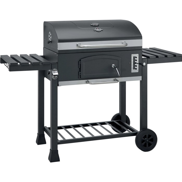 Barbecue a carbone nero con ripiani e ruote.