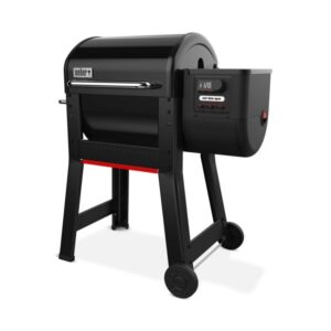 Weber Smoque barbecue a pellet nero: grill con tavolo laterale, ruote e controllo digitale.