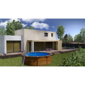 Piscina rotonda Gre Pool Sicilia effetto legno (Ø 300 cm), scala davanti casa in giardino.