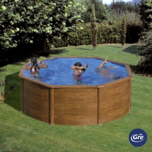 Piscina rotonda Gre Pool Sicilia effetto legno (Ø 300 cm), bambini che nuotano nella piscina da giardino.