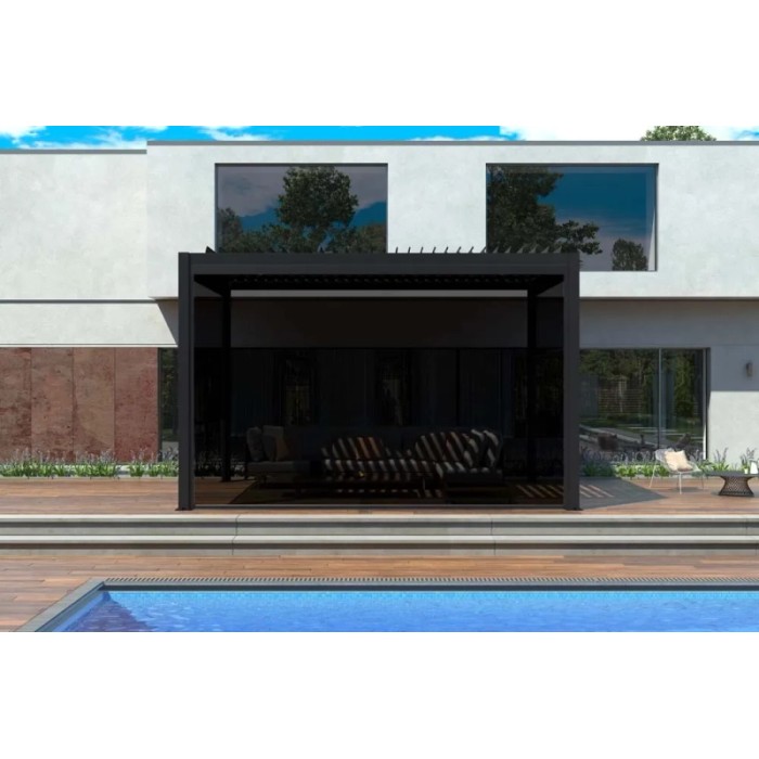 Gazebo nero con piscina in giardino. Accessorio per gazebo.