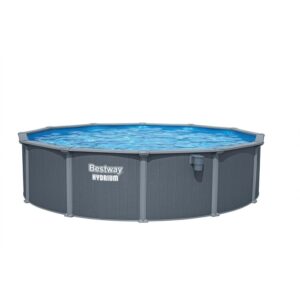 Piscina Bestway Hydrium, piscina fuori terra con parete in acciaio grigia, riempita d'acqua.