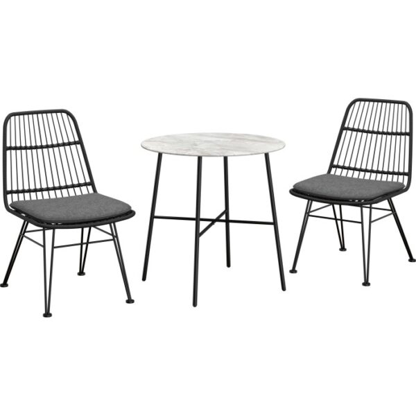 Set balcone Takone nero 3 pezzi con tavolo effetto marmo e sedie con cuscini.