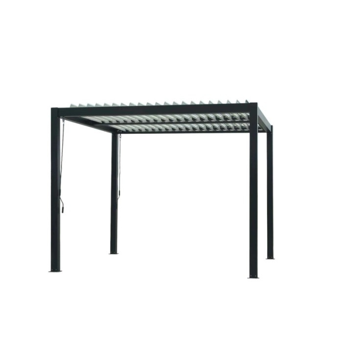 Gazebo nero t.b.t. con tetto a lamelle, autoportante.