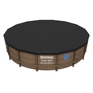 Piscina con pareti in acciaio Bestway coperta, effetto rattan marrone e copertura nera.