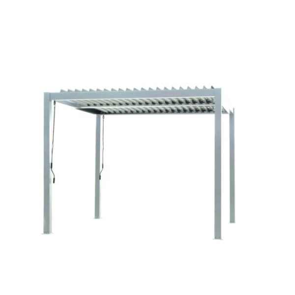 Gazebo t.b.t. color argento con tetto a lamelle per il giardino.