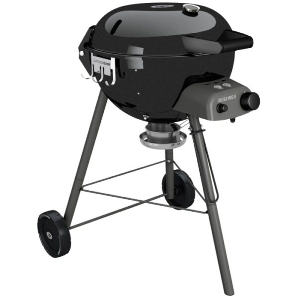Barbecue a gas nero t.b.t. con ruote e area di stoccaggio.