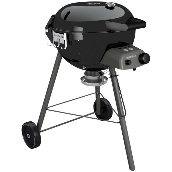 Barbecue a gas nero t.b.t. con ruote e area di stoccaggio.