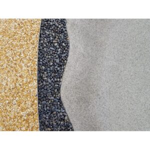 Primo piano di tre diversi rivestimenti per pavimenti: ghiaia beige, ciottoli grigi e una superficie in cemento grigio.