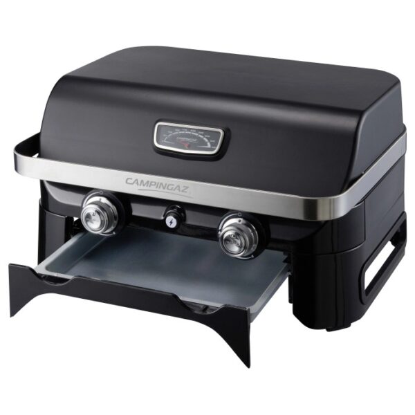 Barbecue a gas nero Campingaz con due bruciatori e vaschetta raccogli grasso.