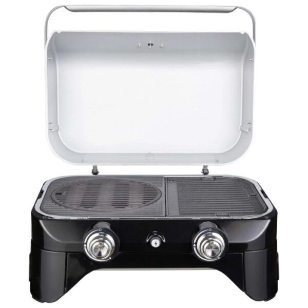 Barbecue a gas t.b.t. nero compatto con coperchio aperto e due manopole di controllo.