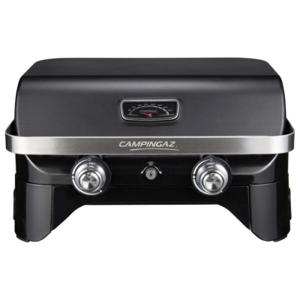 Barbecue a gas nero Campingaz con indicatore di temperatura.
