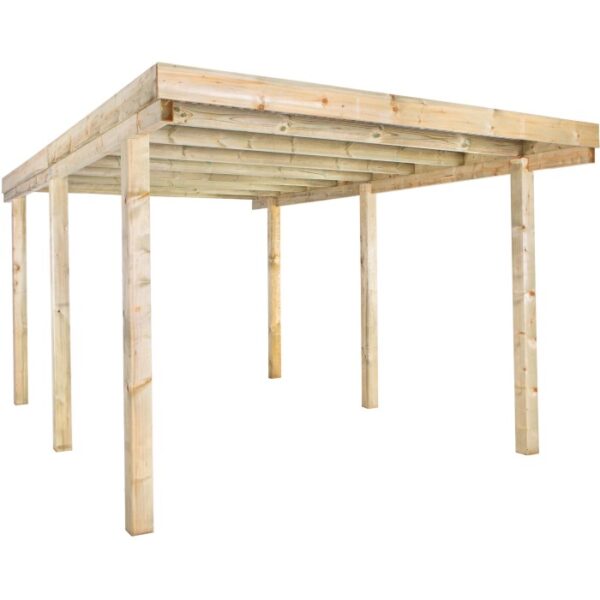 Tettoia in legno chiaro per auto, posto auto coperto senza auto.