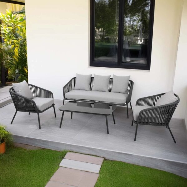 Set di mobili da giardino t.b.t. grigio con divano, poltrone e tavolo per patio o giardino.