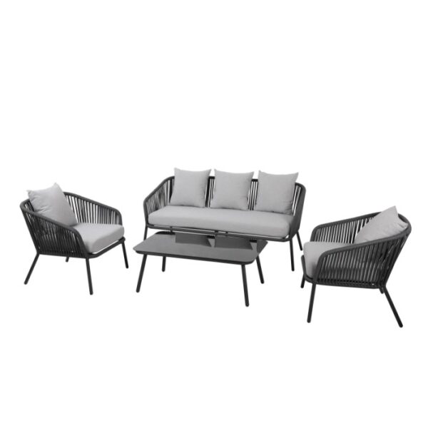 Set di mobili da giardino t.b.t. grigio con divano, due poltrone e tavolo.