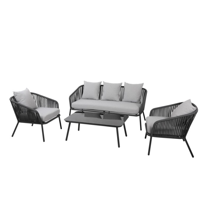 Set di mobili da giardino t.b.t. grigio con divano, due poltrone e tavolo.