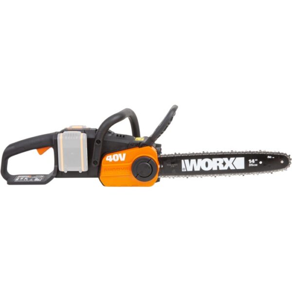 Motosega a batteria Worx WG384E.9, 40V (2x20V) solo corpo, con corpo arancione e manico nero.