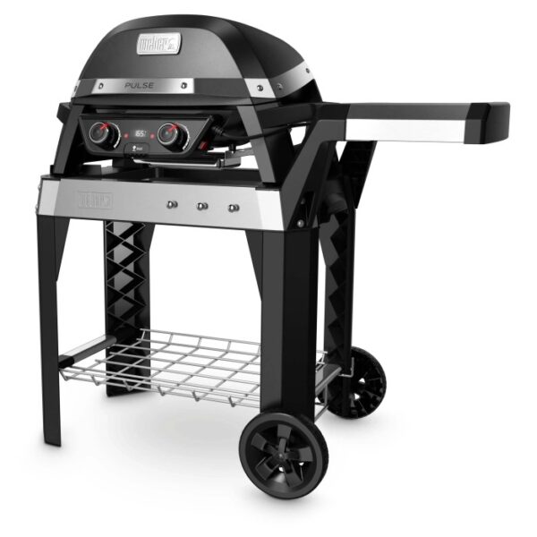 Barbecue elettrico nero t.b.t. con carrello e ripiano.