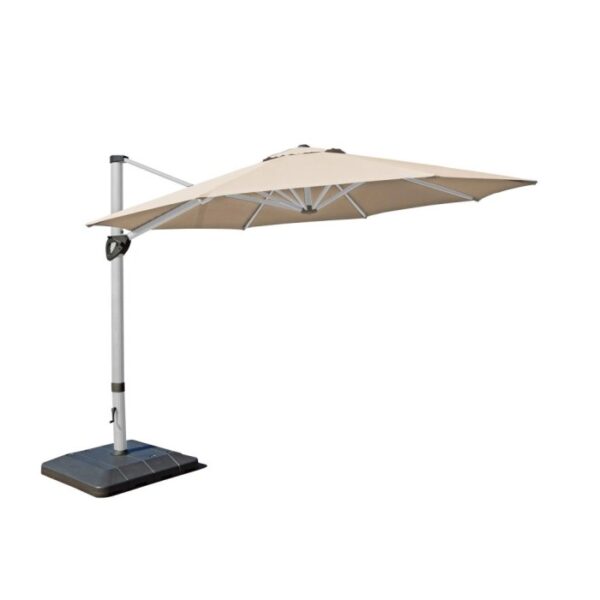 Ombrellone a braccio t.b.t. beige con base grigia.
