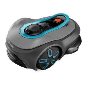Robot tagliaerba grigio con dettagli blu e comandi.