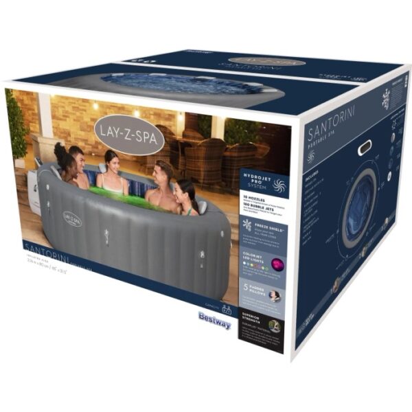 Confezione della vasca idromassaggio Bestway LAY-Z-SPA Santorini HydroJet Pro, 216x80cm, con informazioni sul prodotto.