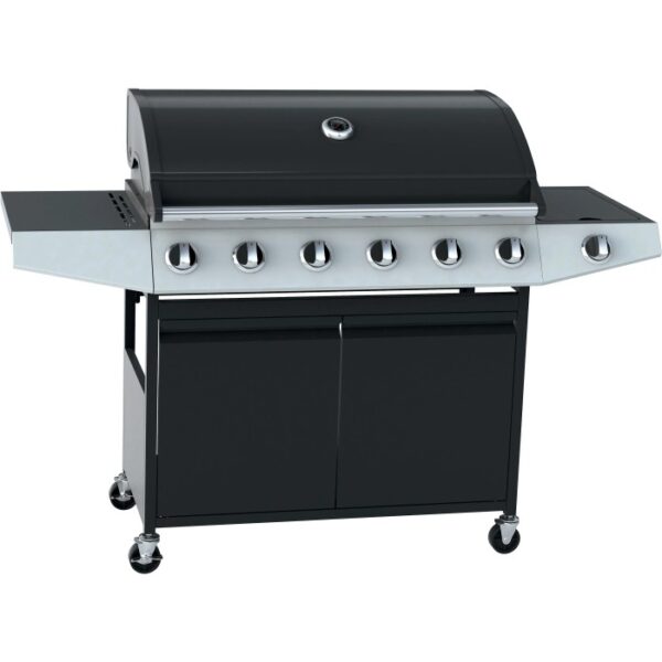 Barbecue a gas nero t.b.t. con sei bruciatori e mobiletto.