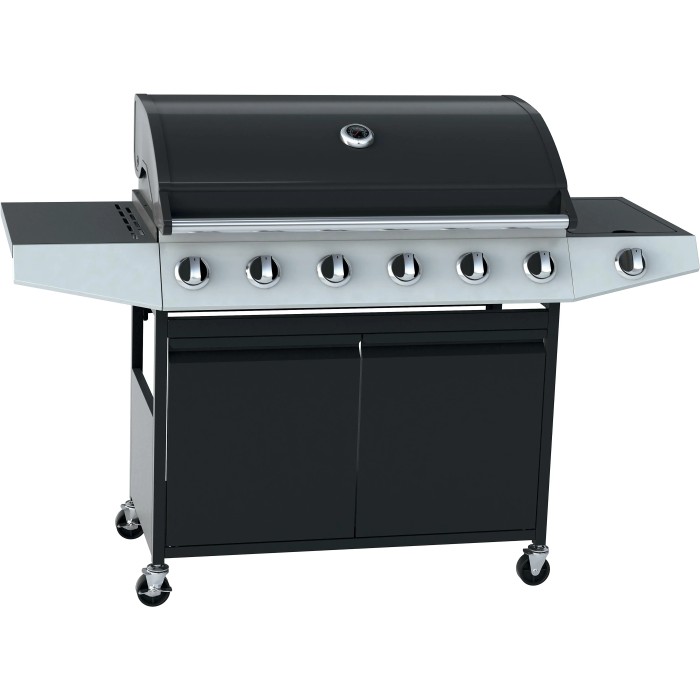 Barbecue a gas nero t.b.t. con sei bruciatori e mobiletto.