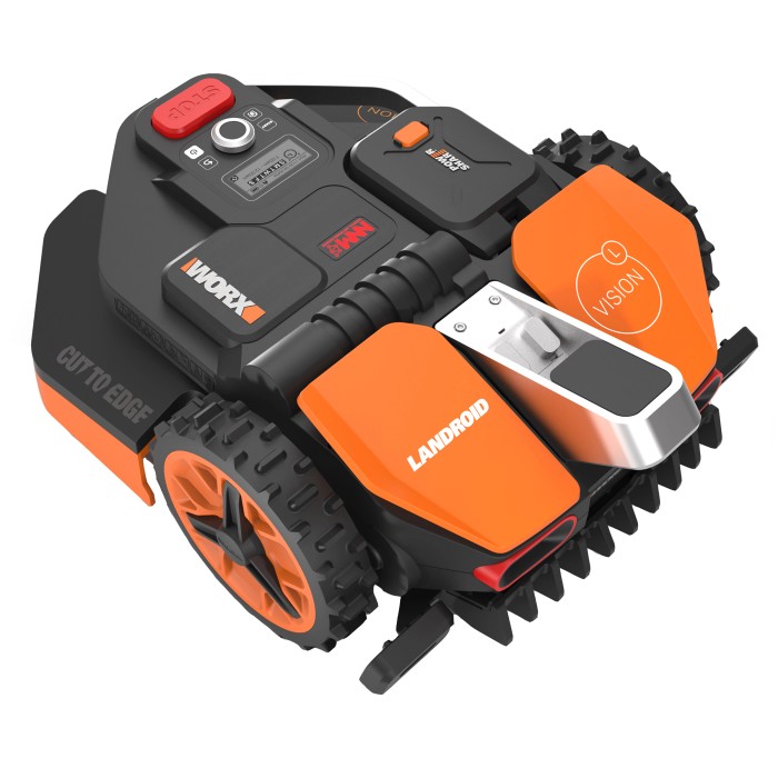 Robot rasaerba Worx Landroid Vision L1300 senza filo perimetrale, con rilevamento ostacoli AI.