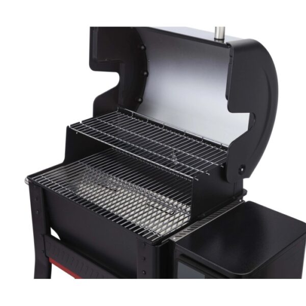 Weber Searwood barbecue a pellet nero con coperchio aperto e griglie.