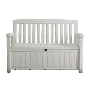 Panca da giardino chiara con spazio contenitivo sotto il sedile. Ideale per terrazza e giardino.