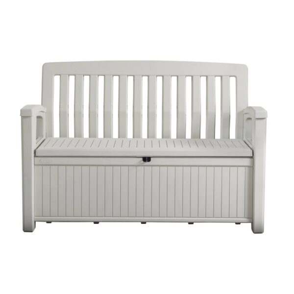 Panca da giardino chiara con spazio contenitivo sotto il sedile. Ideale per terrazza e giardino.