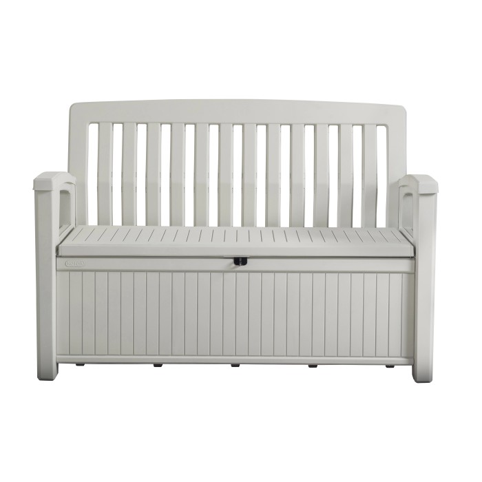 Panca da giardino chiara con spazio contenitivo sotto il sedile. Ideale per terrazza e giardino.