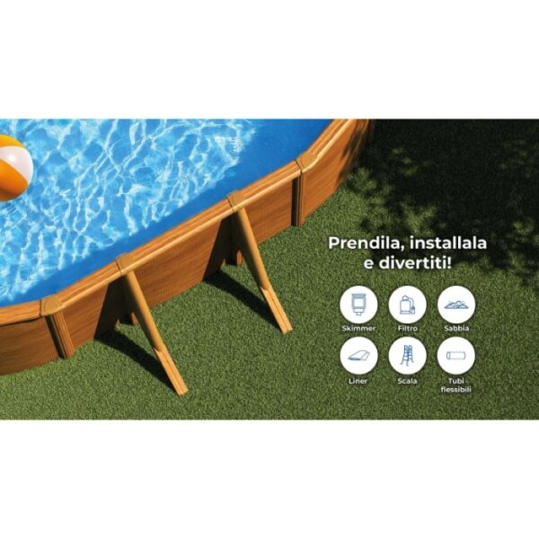 Piscina fuori terra ovale in acciaio decorazione legno Gre 500x300 H 120