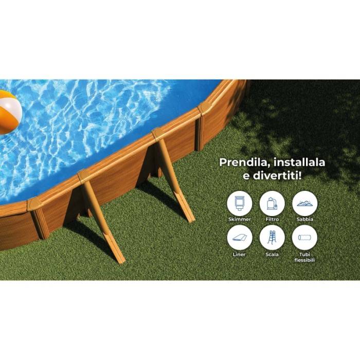 Piscina fuori terra ovale in acciaio decorazione legno Gre 500x300 H 120