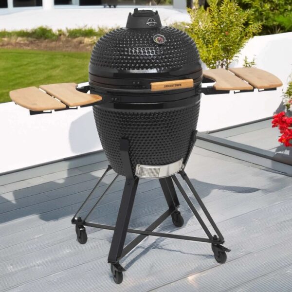 Barbecue a carbonella nero Jamestown Marwin L con tavolini laterali e ruote.