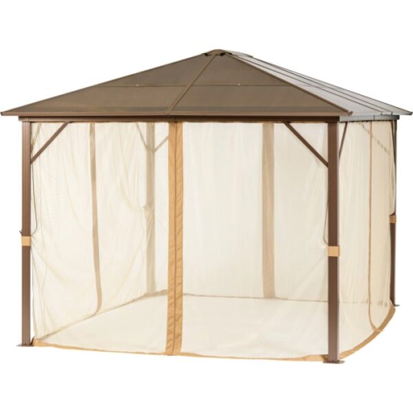 Gazebo t.b.t. con tetto marrone e tende beige.