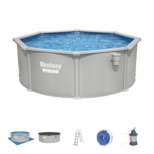 Set piscina Bestway Hydrium, piscina con pareti in acciaio e accessori come scala e pompa filtro.