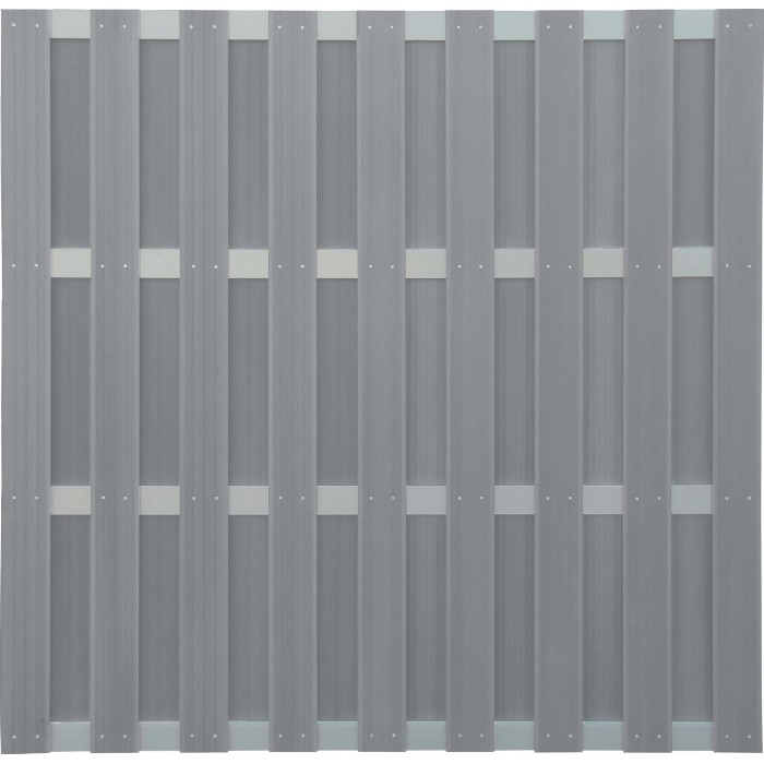 Recinzione privacy grigio chiaro in WPC e alluminio, 180x180 cm, per giardino e terrazzo.