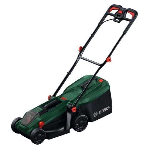 Tagliaerba a batteria Bosch Rotak18V-32 verde-nero con cesto raccoglierba e dettagli arancioni per il prato.