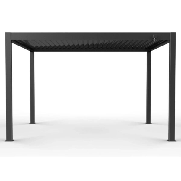 Gazebo t.b.t. nero moderno con tetto a lamelle per il giardino.