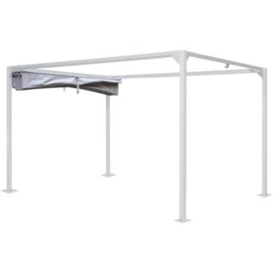 Gazebo t.b.t. bianco con tenda grigia parzialmente estesa.