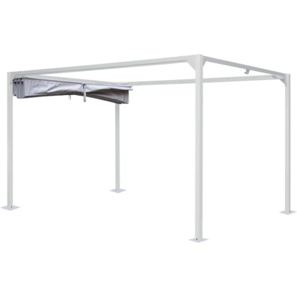 Gazebo t.b.t. bianco con tenda grigia parzialmente estesa.