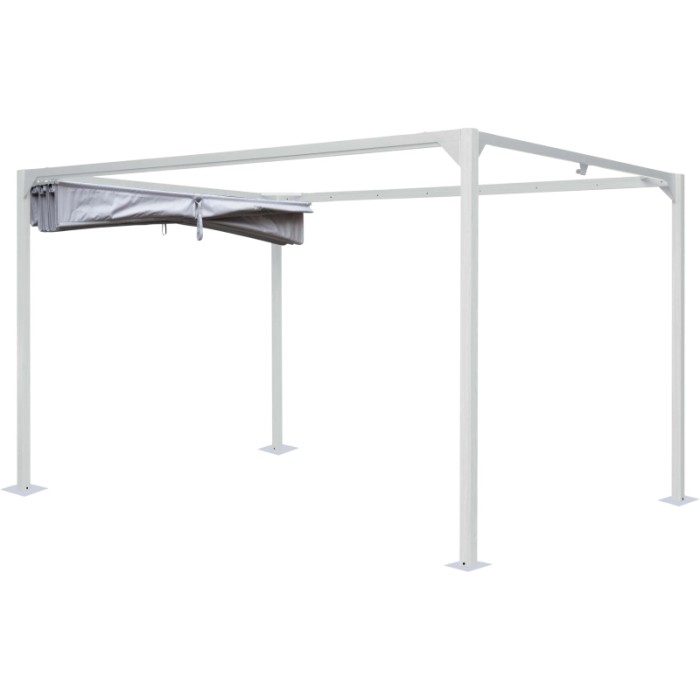 Gazebo t.b.t. bianco con tenda grigia parzialmente estesa.