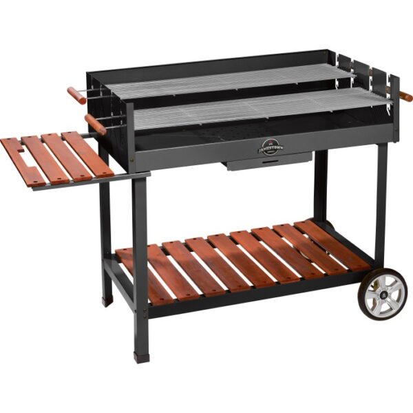 Jamestown Grill a carbone Ben XL con ripiani in legno e ruote.