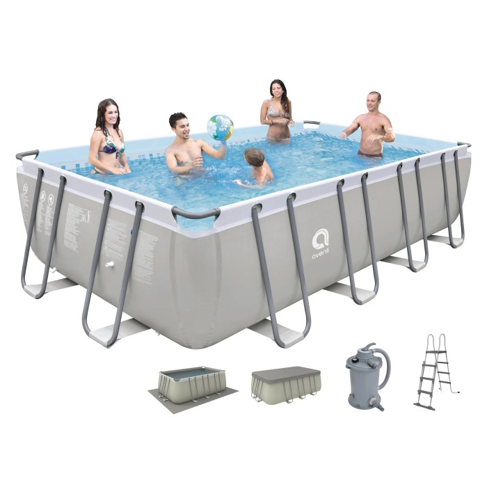 Piscina rettangolare t.b.t. con telaio in acciaio, pompa filtro, scaletta e copertura.