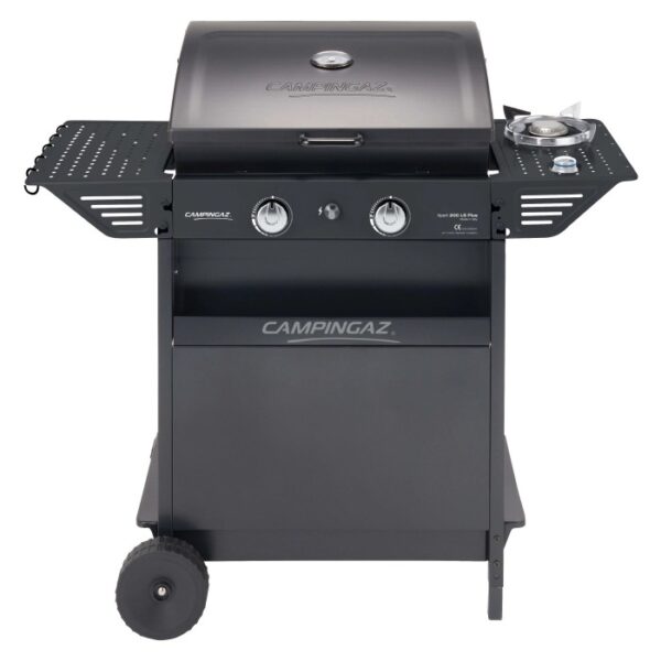 Barbecue a gas Campingaz con superficie di cottura e fornello laterale, mobile con ruote.