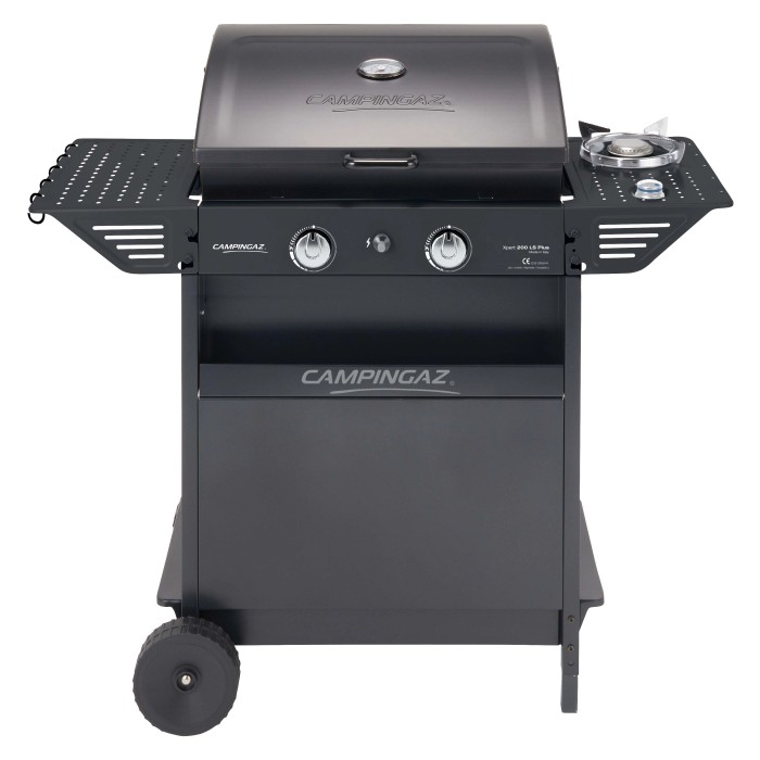 Barbecue a gas Campingaz con superficie di cottura e fornello laterale, mobile con ruote.